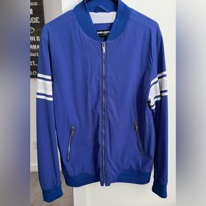 Karl Lagerfeld Men's Royal Blue Bomber Jacket with White Stripes